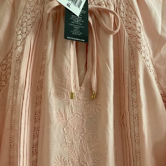 NWT Polo RALPH LAUREN PEACH PINK LACED EMBROIDERED LONG SLEEVE WOMAN Top XL - Picture 11 of 14